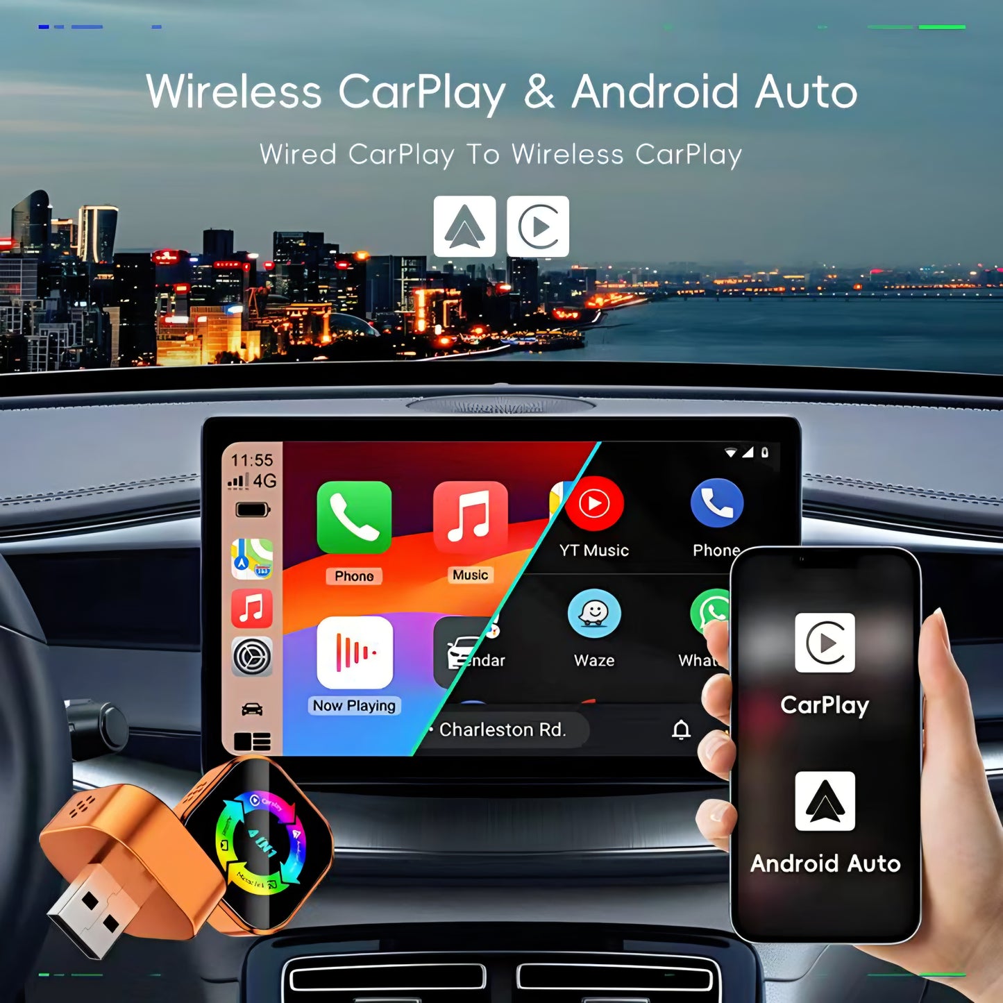 Sparq 4-in-1 Car Adapter — CarPlay, Android Auto, AirPlay & MirrorLink | Plug-and-Play | USB-C & USB-A