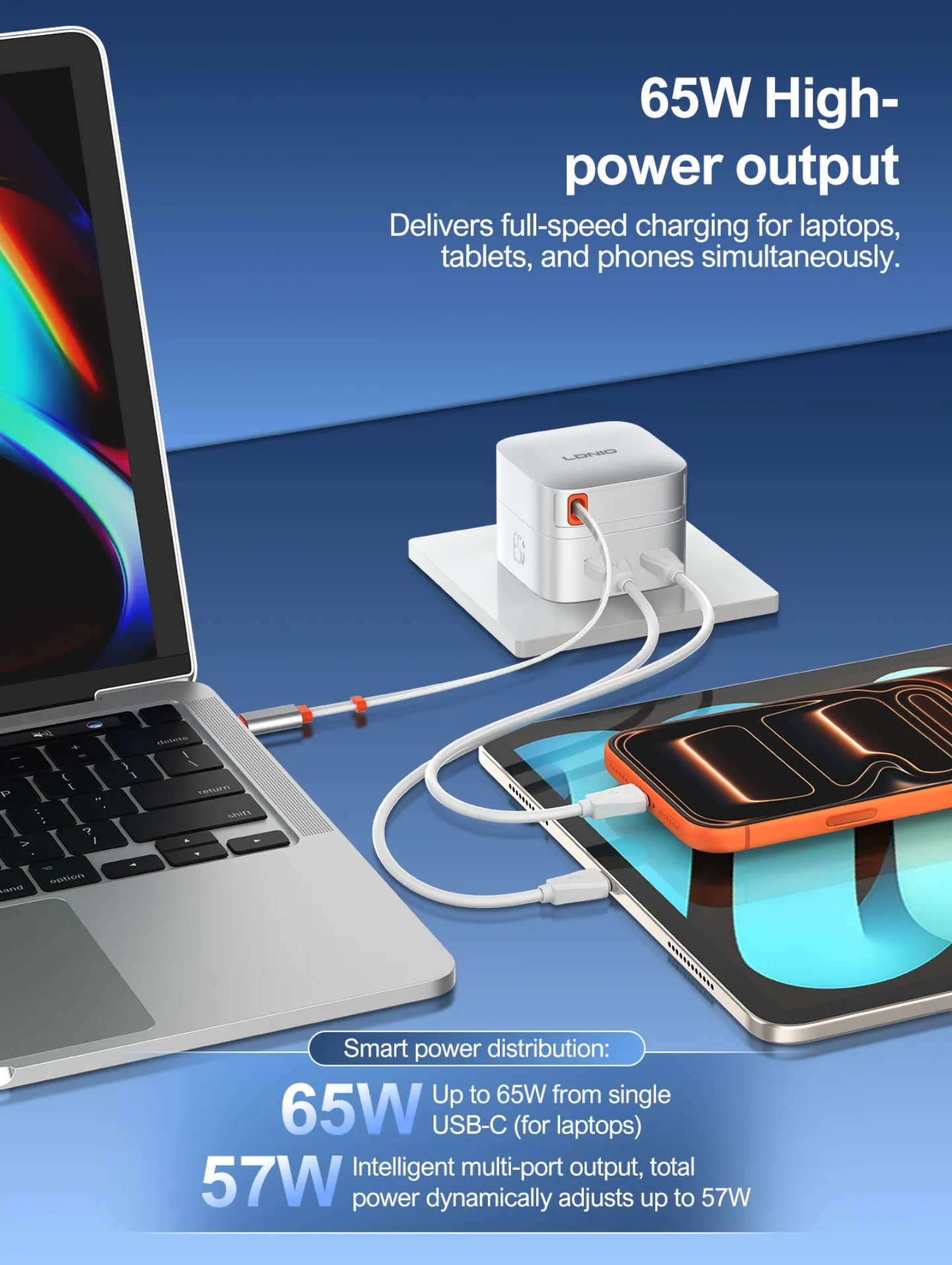 LDNIO 65W High-Power Wall Charger | Built-in Retractable Type-C Cable | Multi-Port (USB-C & USB-A)