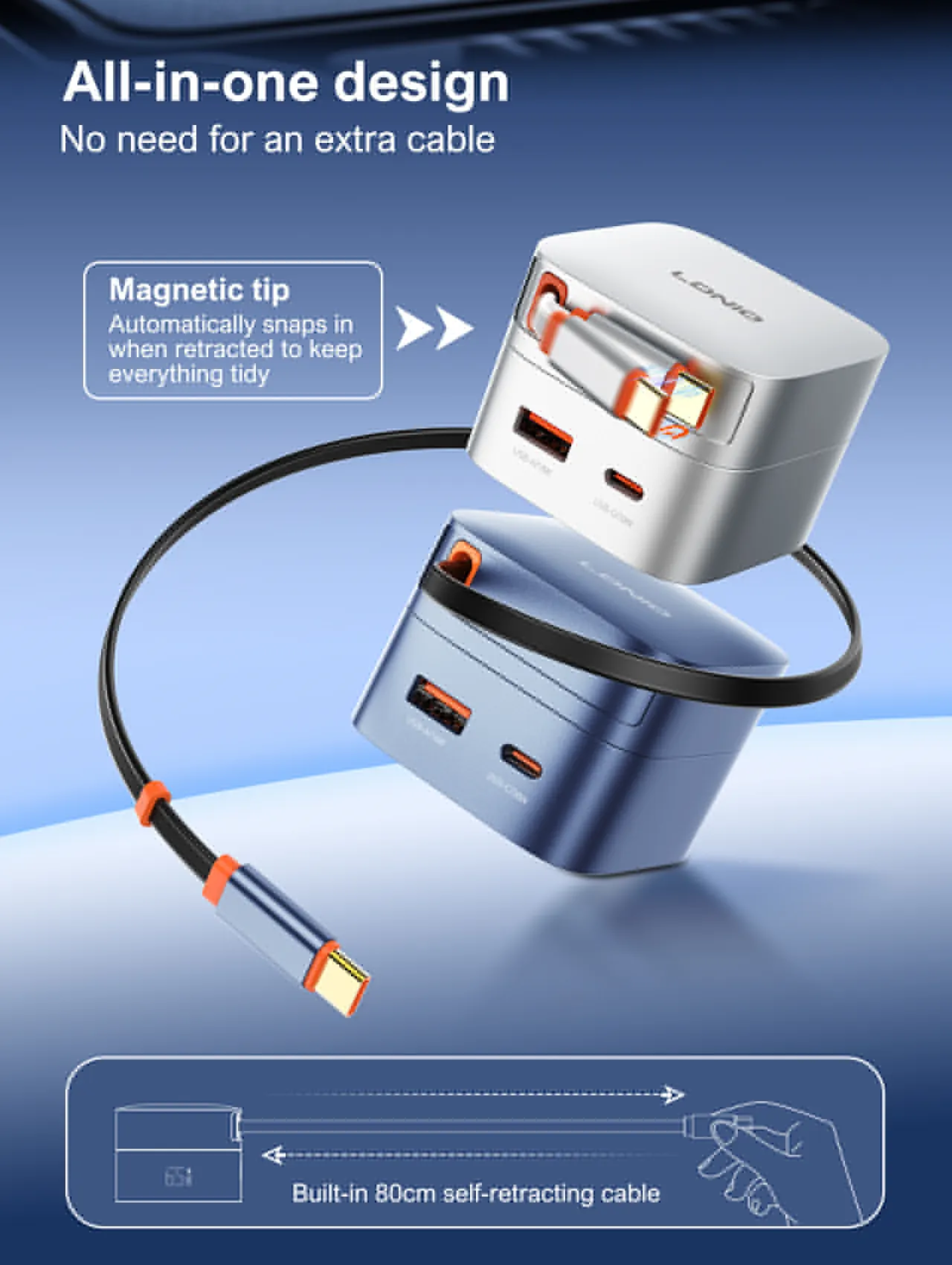 LDNIO 65W High-Power Wall Charger | Built-in Retractable Type-C Cable | Multi-Port (USB-C & USB-A)