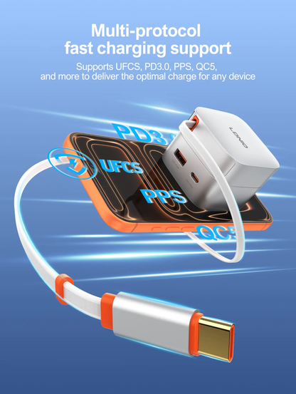 LDNIO 65W High-Power Wall Charger | Built-in Retractable Type-C Cable | Multi-Port (USB-C & USB-A)