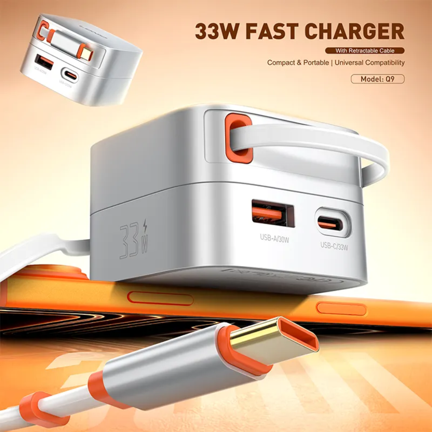 LDNIO 33W Fast Wall Charger | Built-in 80cm Retractable Type-C Cable | Dual Port (USB-C & USB-A)