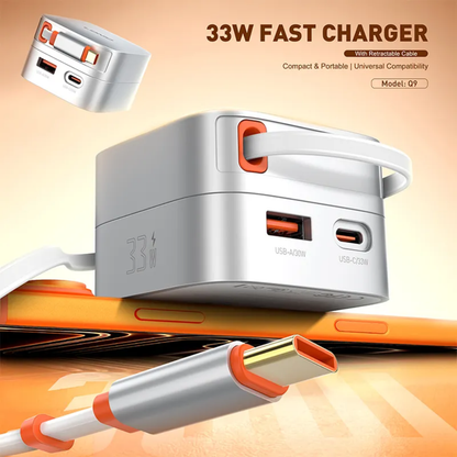 LDNIO 33W Fast Wall Charger | Built-in 80cm Retractable Type-C Cable | Dual Port (USB-C & USB-A)