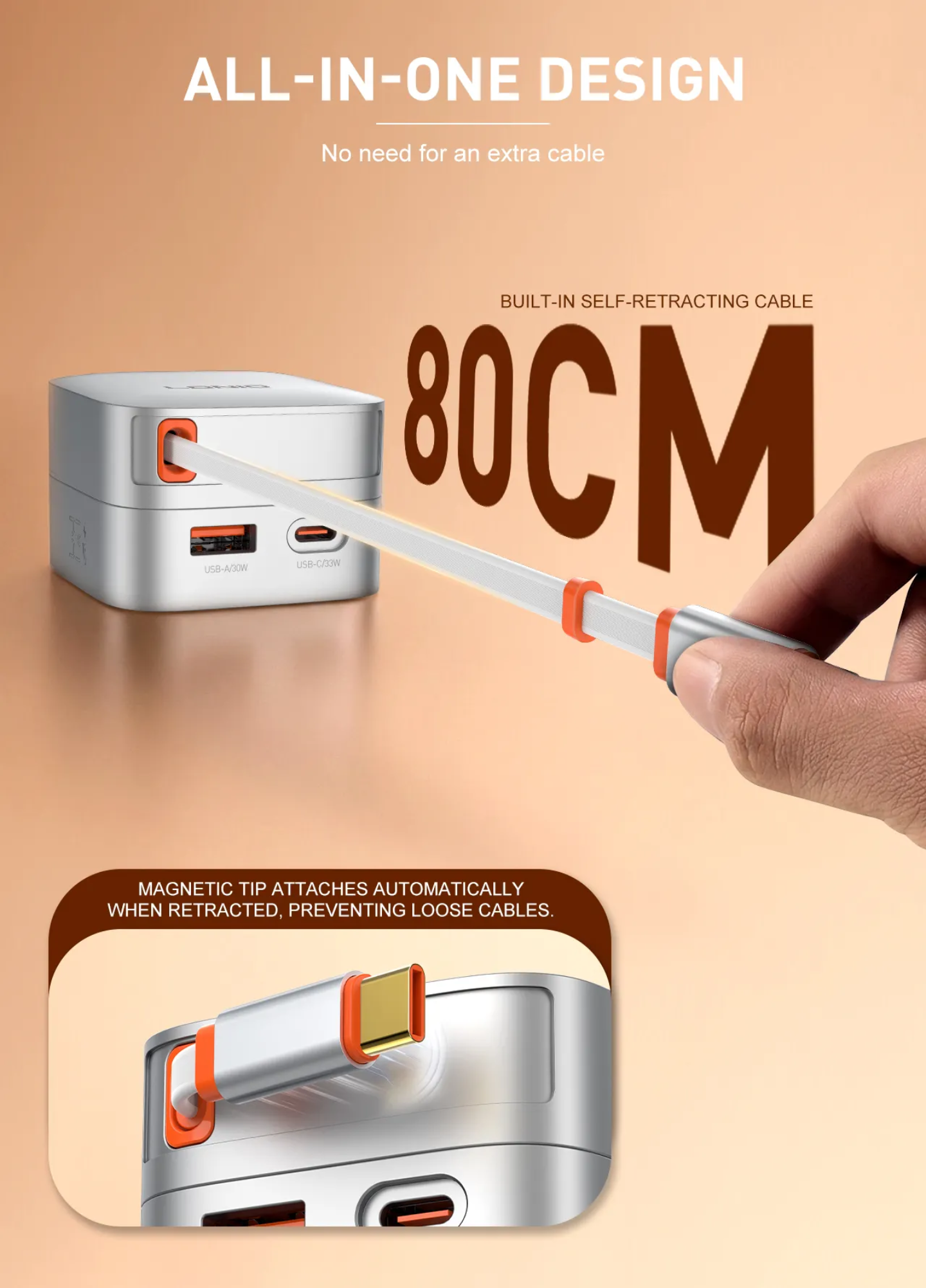 LDNIO 33W Fast Wall Charger | Built-in 80cm Retractable Type-C Cable | Dual Port (USB-C & USB-A)