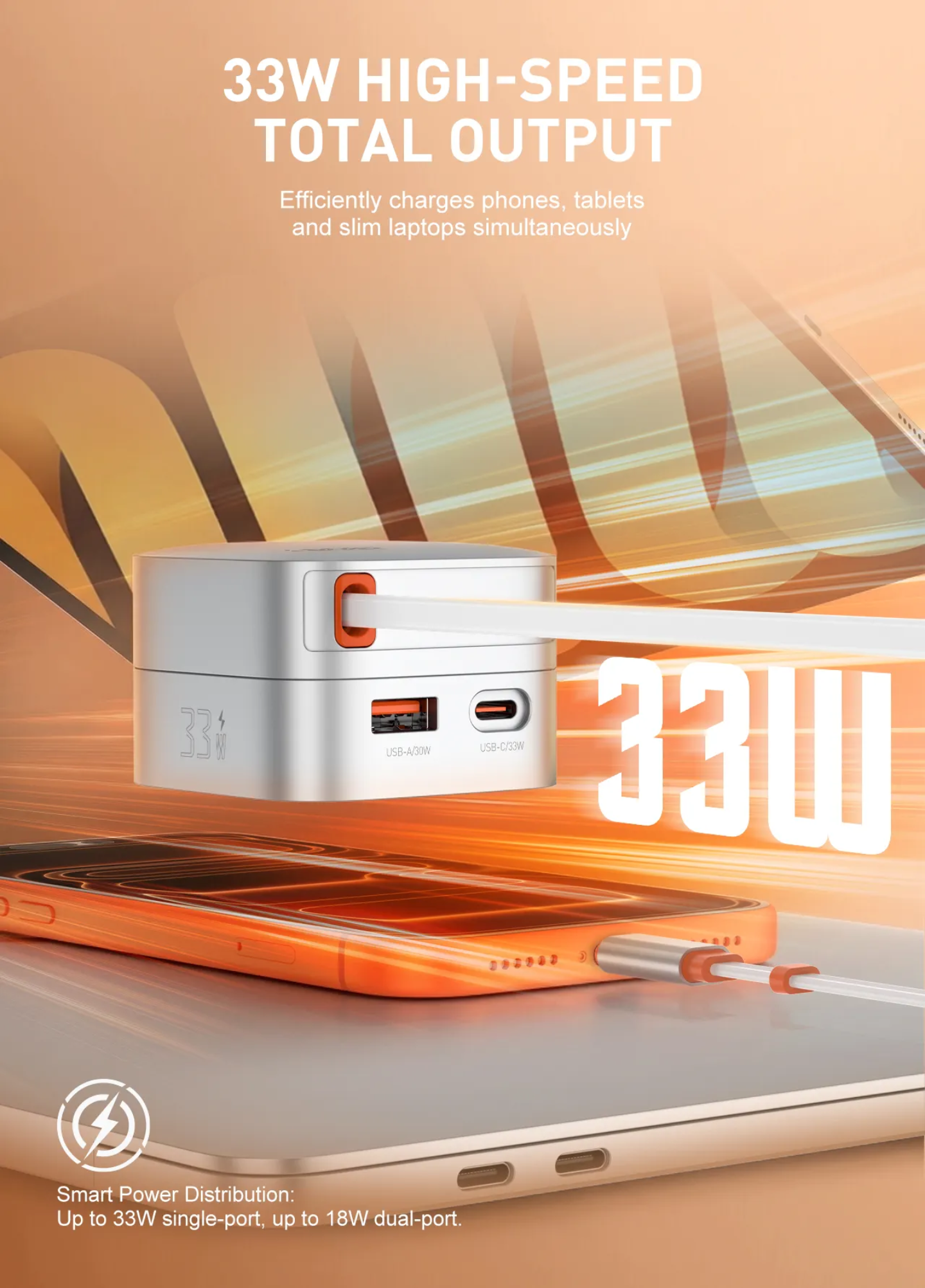 LDNIO 33W Fast Wall Charger | Built-in 80cm Retractable Type-C Cable | Dual Port (USB-C & USB-A)