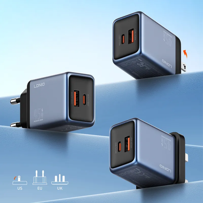 LDNIO 45W GaN Super Fast Charger | Dual Port (45W USB-C & 30W USB-A) | Includes Cable