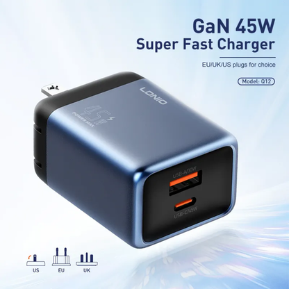 LDNIO 45W GaN Super Fast Charger | Dual Port (45W USB-C & 30W USB-A) | Includes Cable