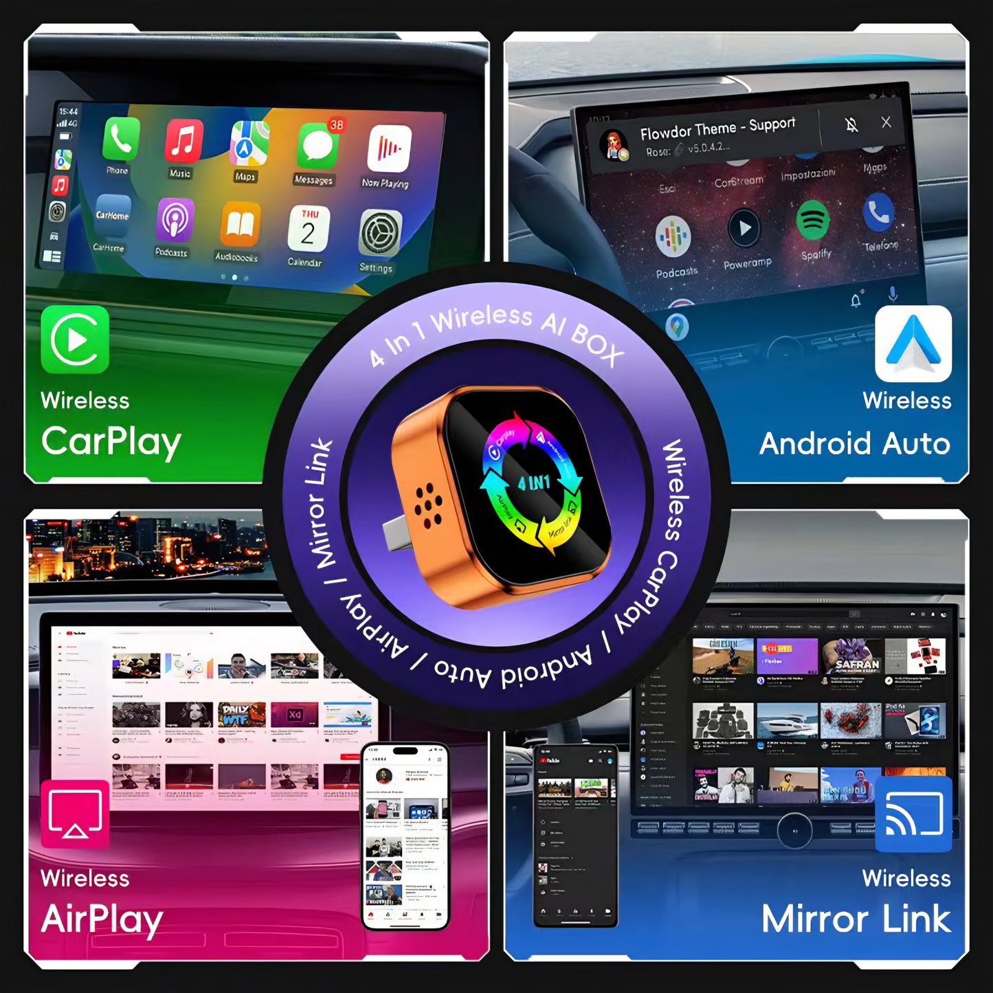 Sparq 4-in-1 Car Adapter — CarPlay, Android Auto, AirPlay & MirrorLink | Plug-and-Play | USB-C & USB-A