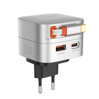 LDNIO 33W Fast Wall Charger | Built-in 80cm Retractable Type-C Cable | Dual Port (USB-C & USB-A)