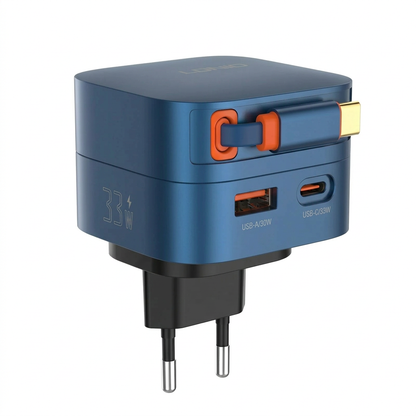 LDNIO 33W Fast Wall Charger | Built-in 80cm Retractable Type-C Cable | Dual Port (USB-C & USB-A)